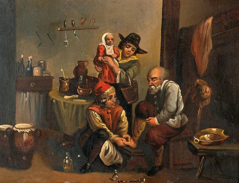 Interior of a medical office with a surgeon treating a man's foot, and a woman and a child watching - David Teniers the Younger