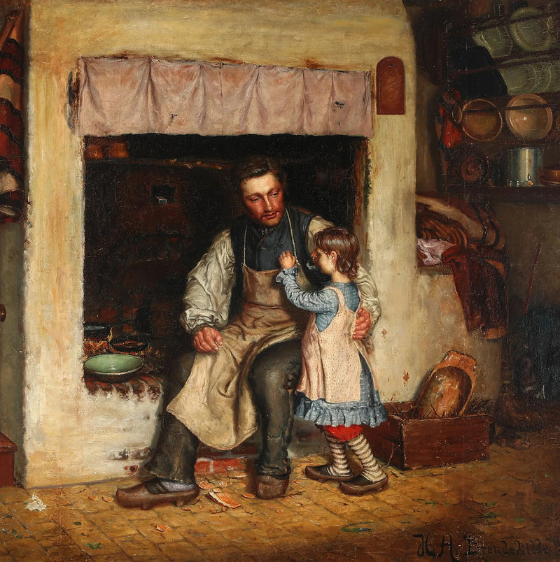 Interior of a kitchen with a little girl and a man. - H. A. Brendekilde