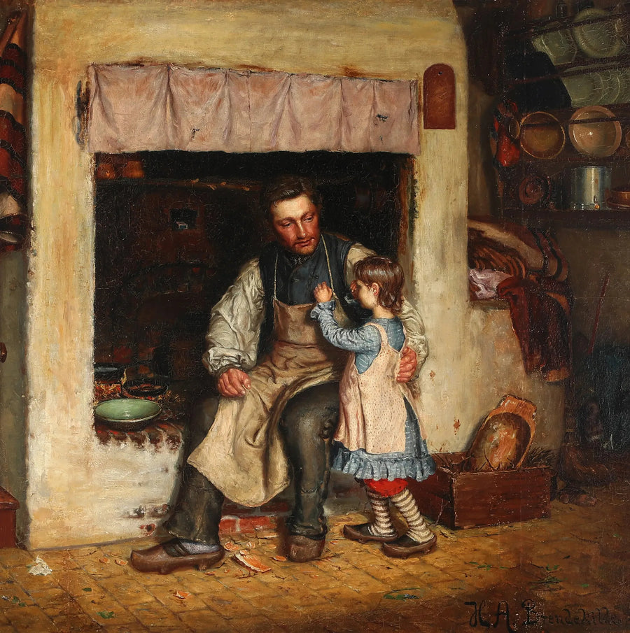 Interior of a kitchen with a little girl and a man. - H. A. Brendekilde
