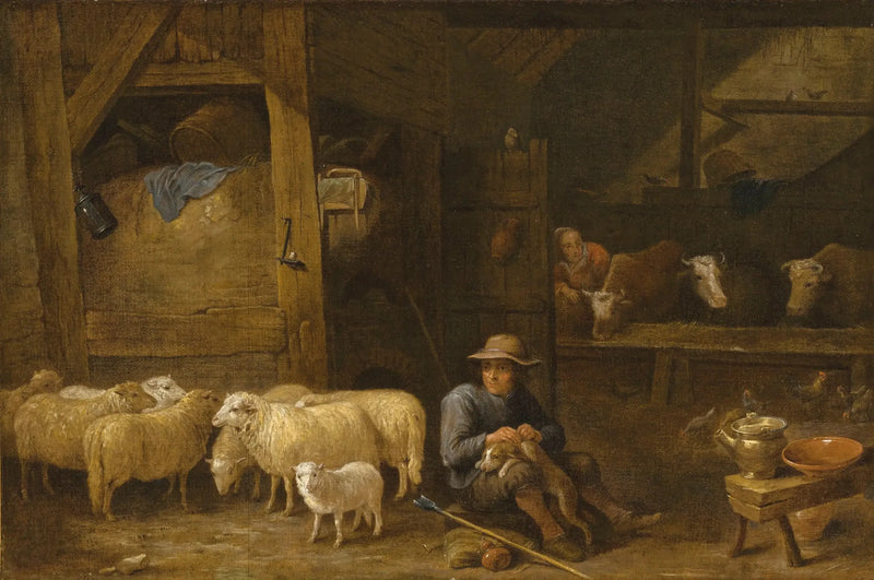 Interior of a barn with a shepherd and his flock - David Teniers the Younger