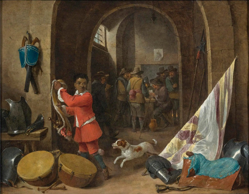 Interior of a guard room with a black servant near a still life of a saddle, a banner, drums, and armor; soldiers playing cards in the background - David Teniers the Younger