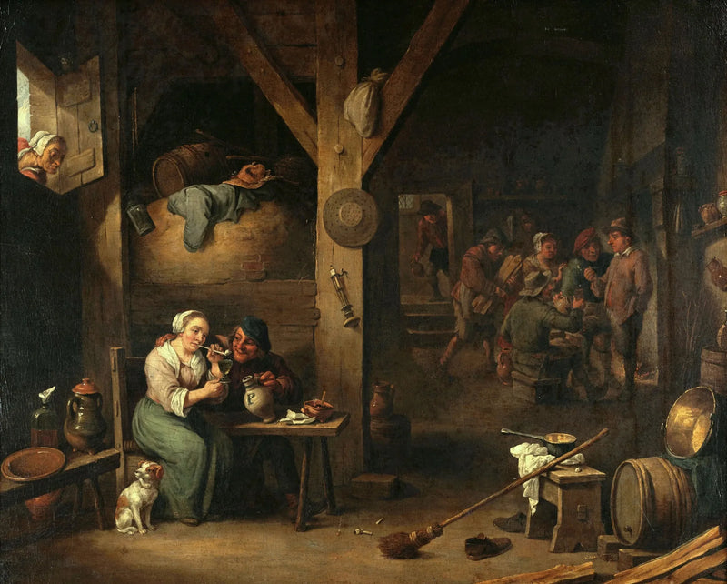 Interior of a tavern with a woman smoking and a man offering her a glass under the gaze of an old woman - David Teniers the Younger