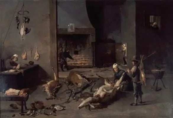 Interior of a kitchen with cooks preparing game - David Teniers the Younger