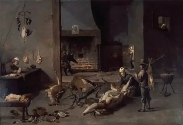Interior of a kitchen with cooks preparing game - David Teniers the Younger