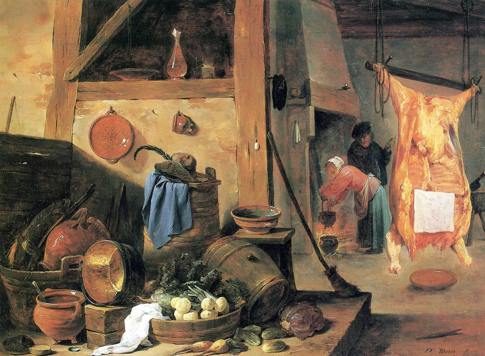 Intérieur de cuisine avec nature morte et bœuf abattu - David Teniers le Jeune image 1 copie peinte à la main à l’huile