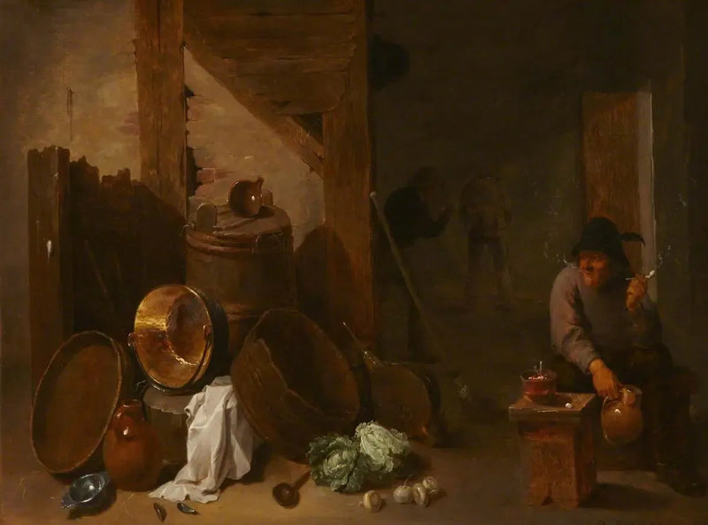 Interior of a kitchen with Toper and other peasants in the distance - David Teniers the Younger