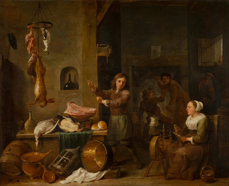 Interior of a kitchen with a boy and a woman with a game table - David Teniers the Younger