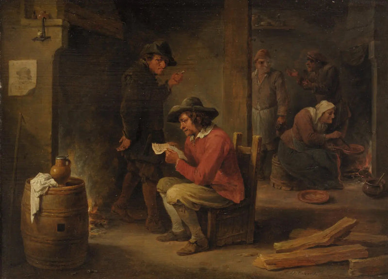 Interior of a farm with a newspaper reader - David Teniers the Younger