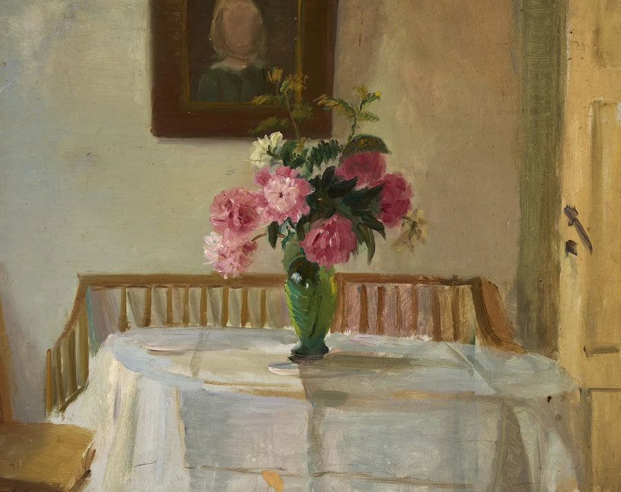 Interior of the Anchers' house, Markvej Street in Skagen, with pink chrysanthemums in a vase on a table. - Anna Ancher