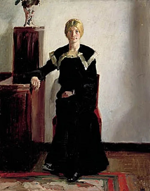 Interior of the artist's house. A young woman in a black dress is depicted. - Michael Peter Ancher