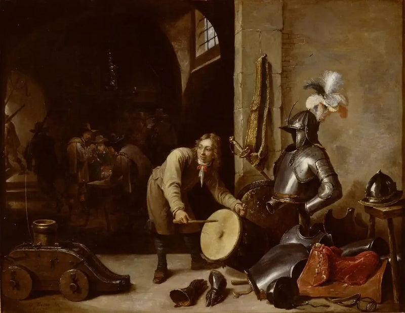 Interior of the guardroom with a young man holding a drum - David Teniers the Younger