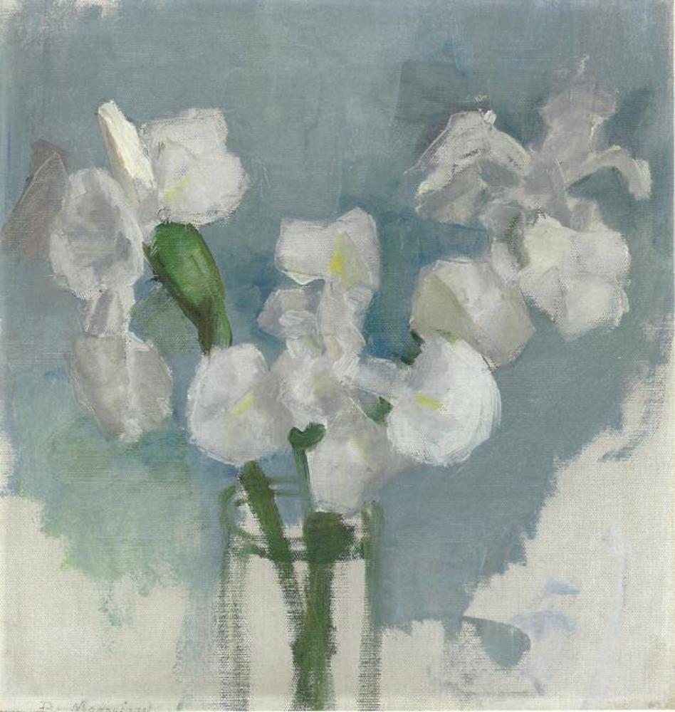 Reproduction du tableau « Iris blancs sur fond bleu clair I - Piet Mondrian » par Alpha Reproduction en peinture à l’huile