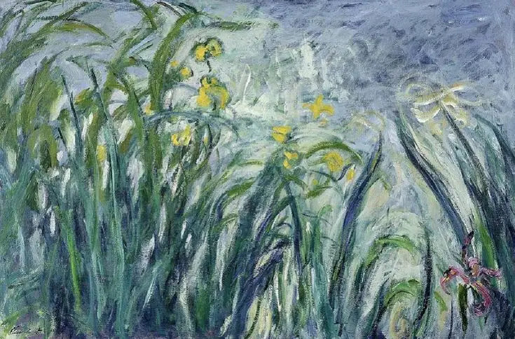 Reproduction du tableau « Iris jaunes et mauves - Claude Monet » par Alpha Reproduction en peinture à l’huile