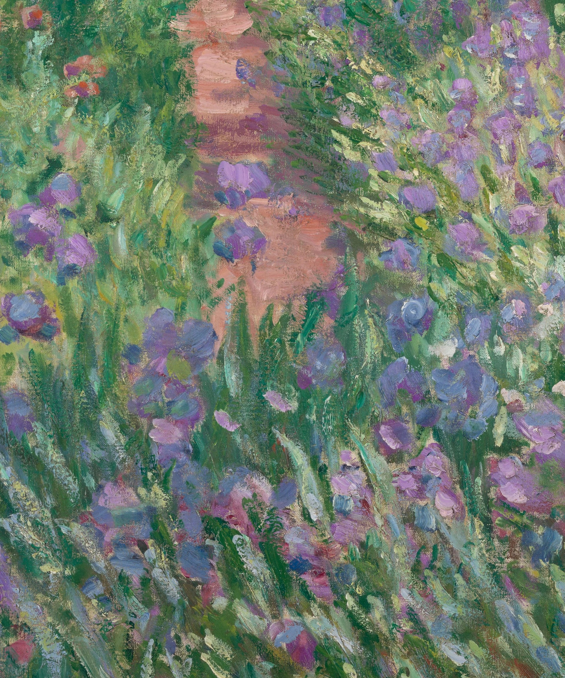 Détail de l’allée rose et des iris dans Le Jardin de l’artiste à Giverny de Claude Monet