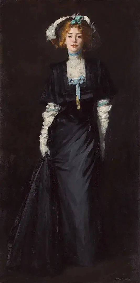 Jessica Penn in black with white feathers - Robert Henri