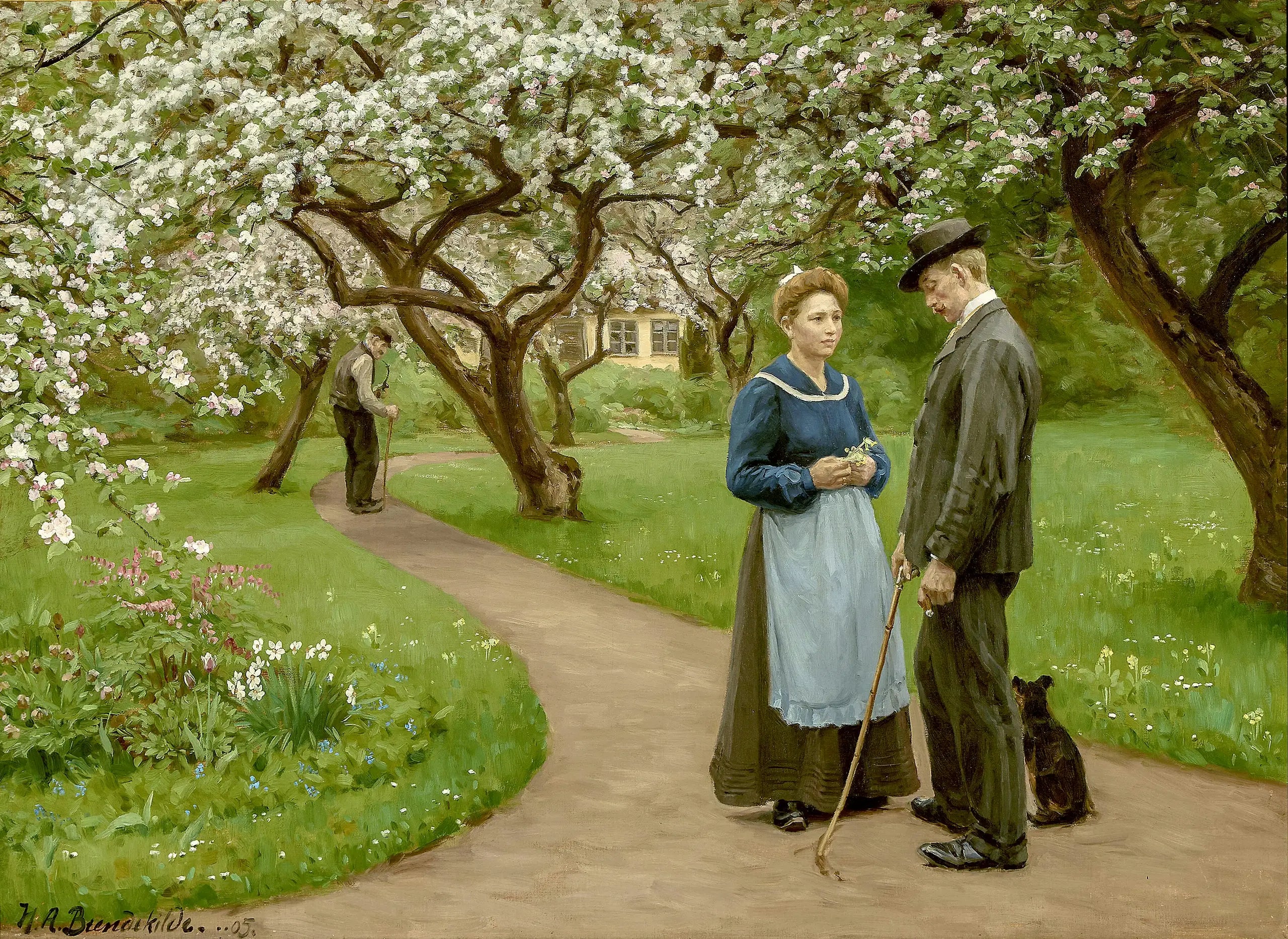 Jeune couple sous des arbres fruitiers en fleurs au printemps. - H. A. Brendekilde - Alpha Reproduction