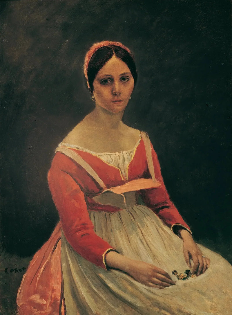 Young woman sitting, flowers in her hands - Jean-Baptiste Camille Corot