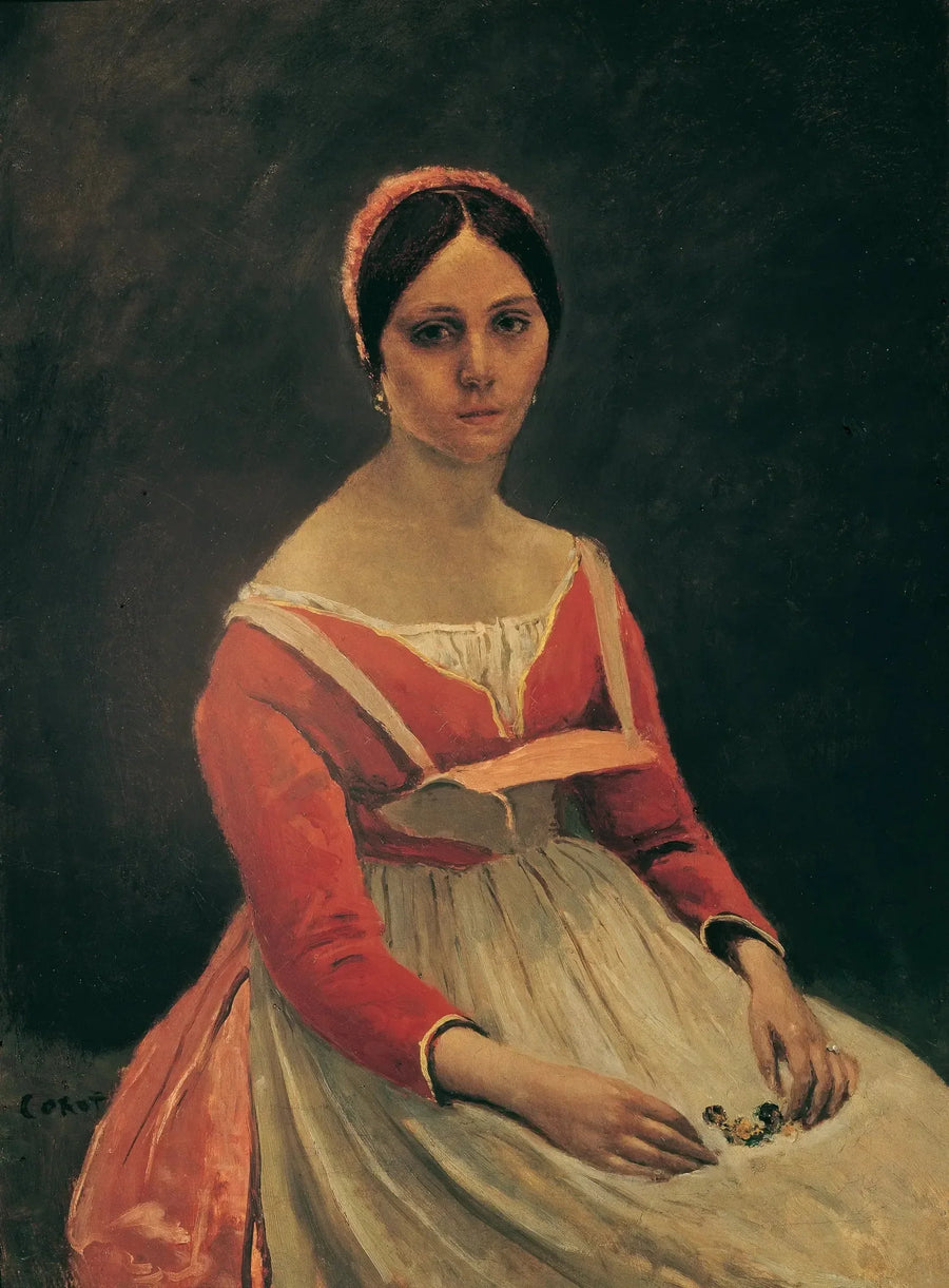 Young woman sitting, flowers in her hands - Jean-Baptiste Camille Corot