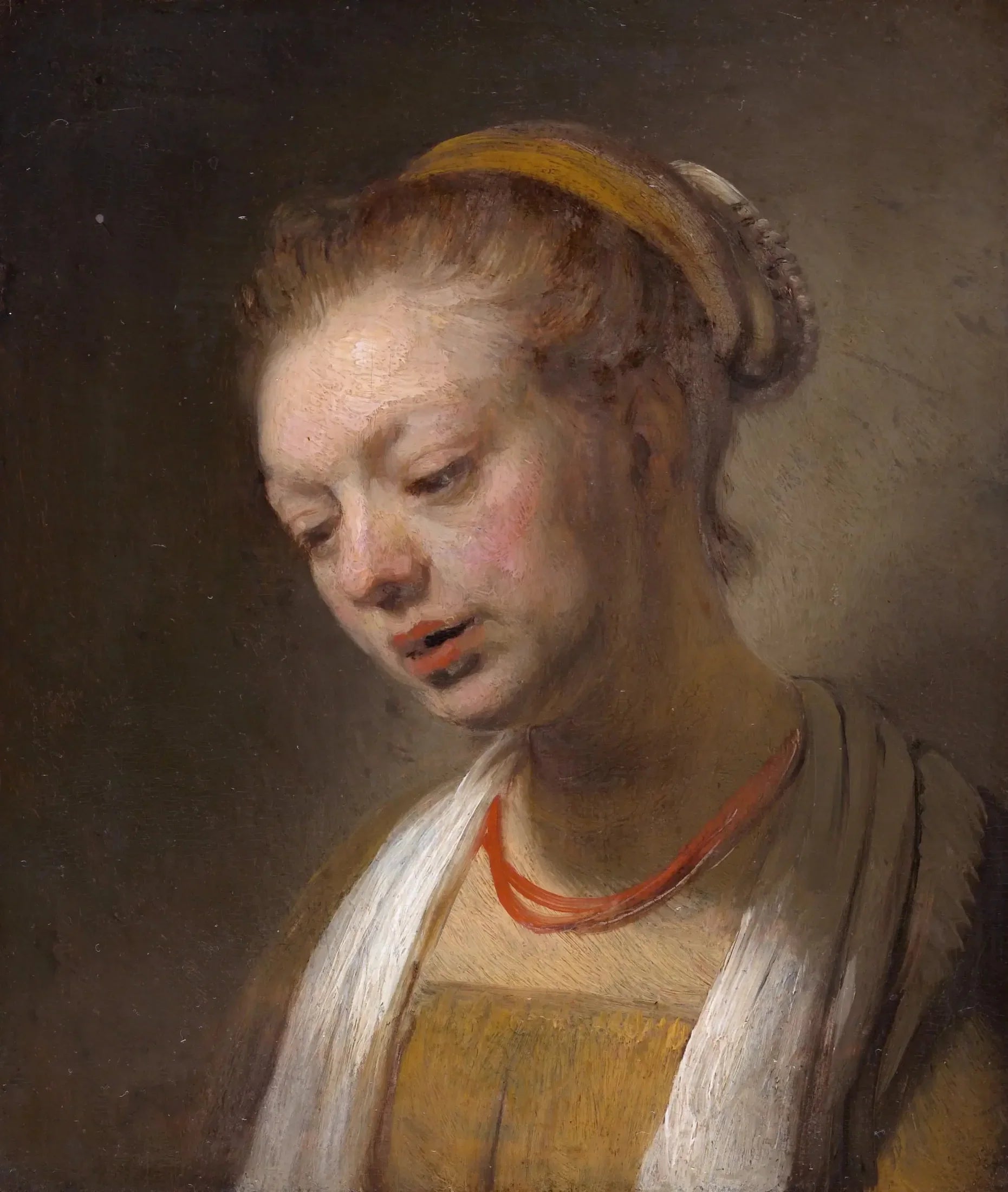 Jeune femme au collier rouge - Rembrandt image 1 reproduction d’œuvre d’art à l’huile
