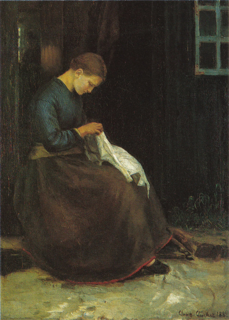 Young woman with her sewing at the door of a house - Anna Ancher