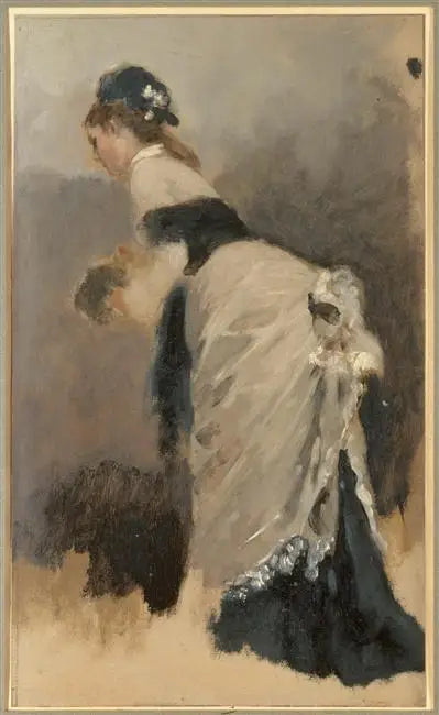 Young Woman standing in profile to the left with scarf and muff - Jean Béraud