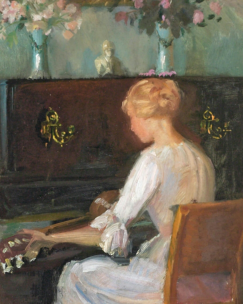 Young woman playing guitar in front of a piano - Anna Ancher