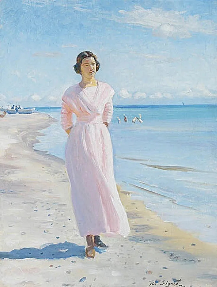 Young woman wearing a pink dress on the south beach of Skagen. - Michael Peter Ancher
