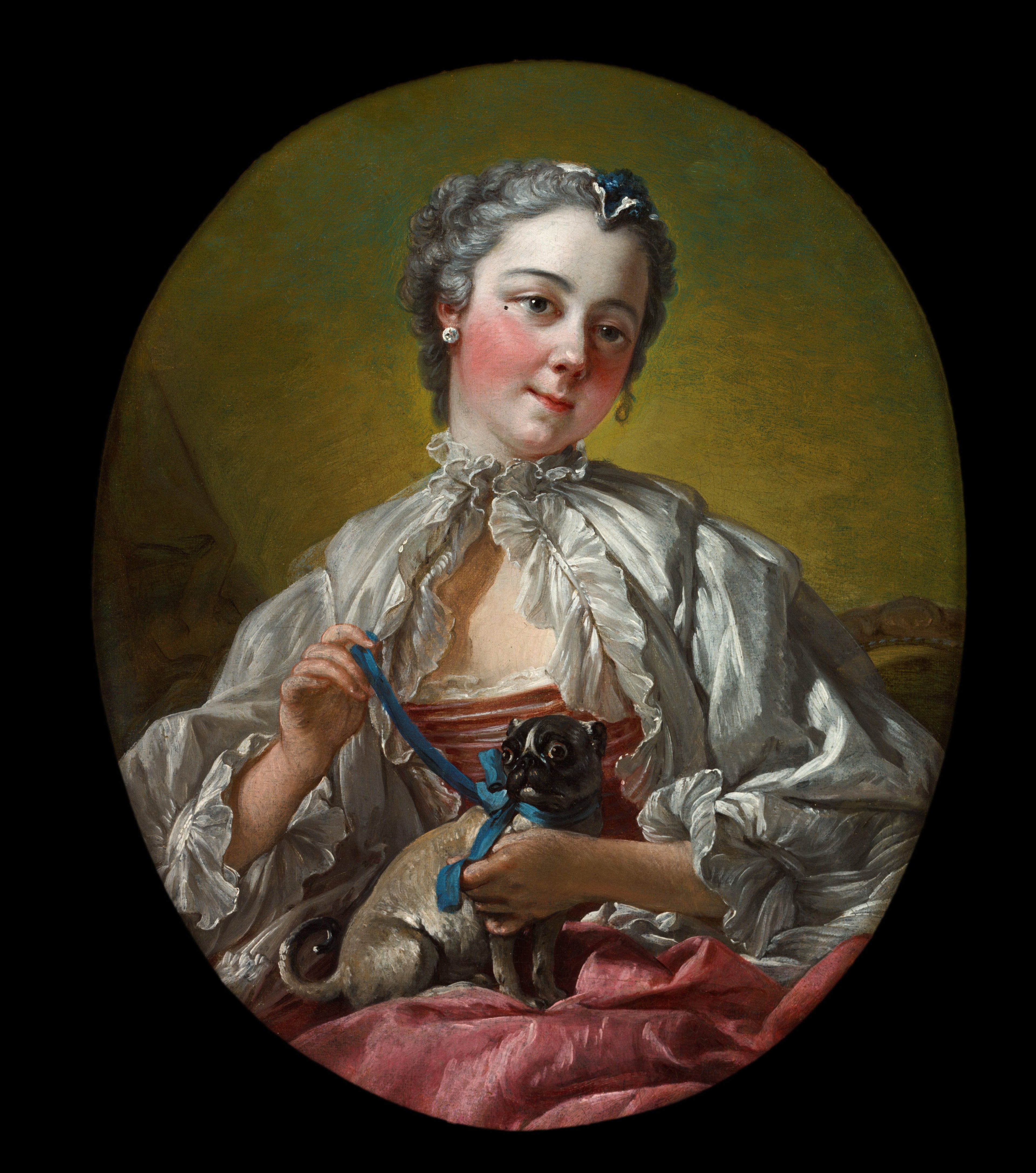 Young woman holding a pug - François Boucher