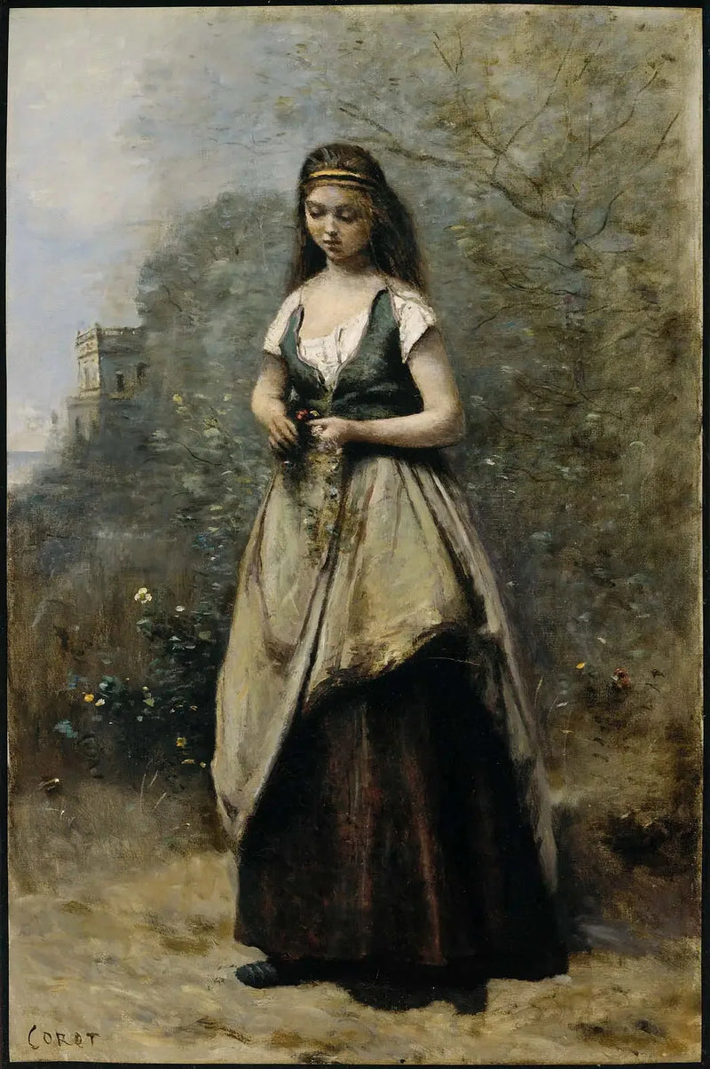 Young Woman Weaving a Flower Crown - Jean-Baptiste Camille Corot