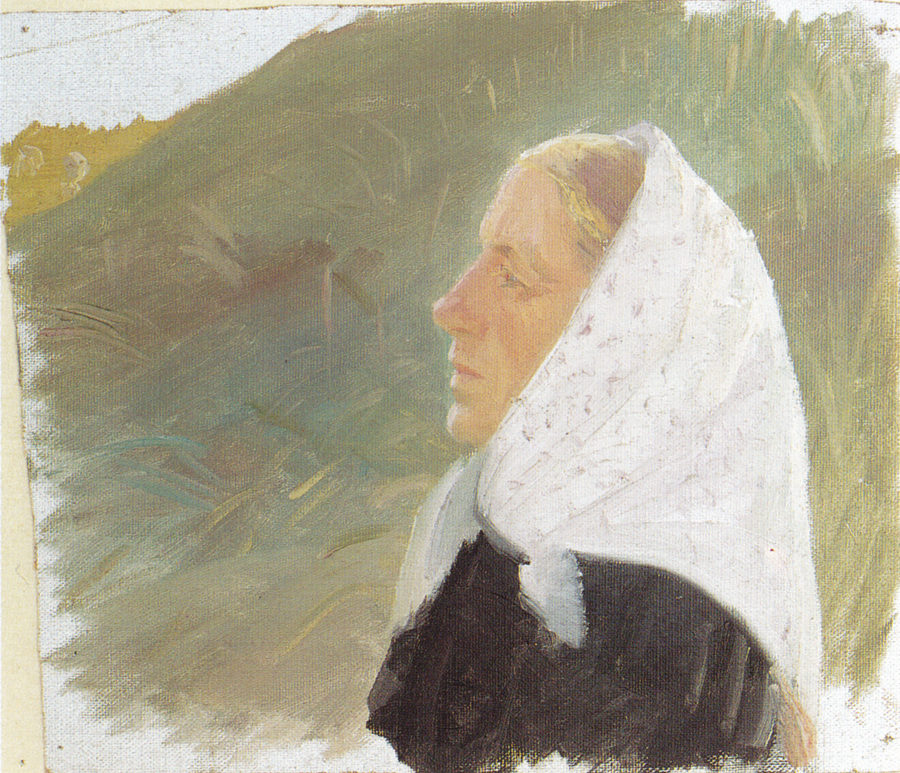 Young woman dressed in black and wearing a white headscarf, sitting in the dunes - Anna Ancher