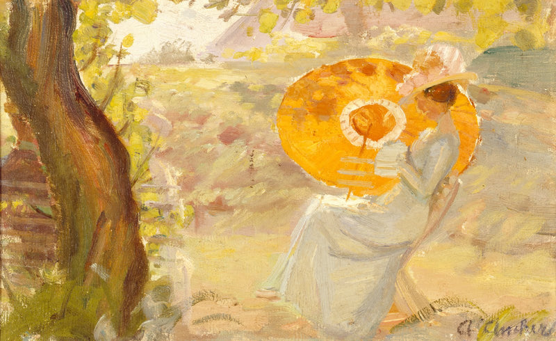 Young girl in a garden with an orange parasol - Anna Ancher
