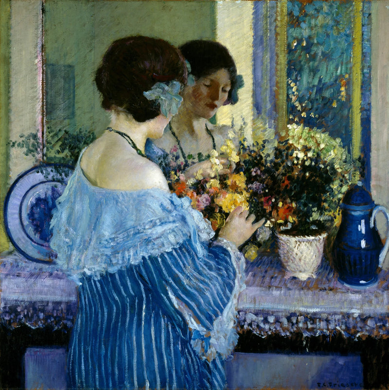 Young Girl in Blue Arranging Flowers - Frederick Carl Frieseke