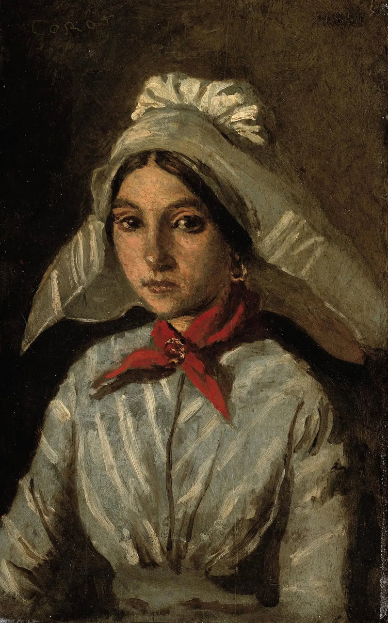 Young girl wearing a large headdress on her head - Jean-Baptiste Camille Corot