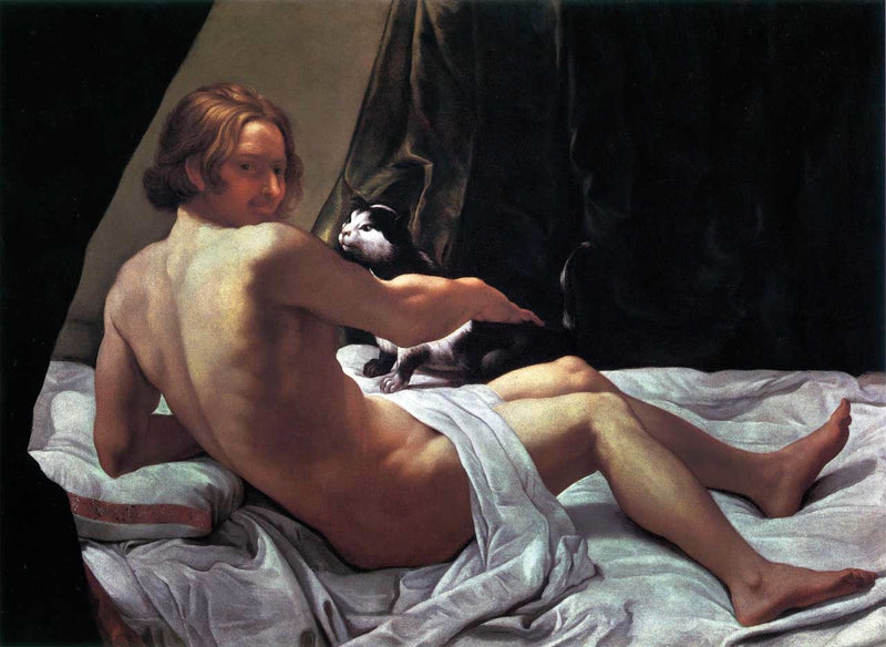 Young nude man in bed with a cat - Giovanni Lanfranco