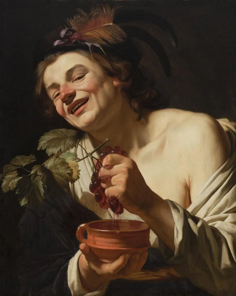 Young smiling man pressing grapes - Gerrit van Honthorst