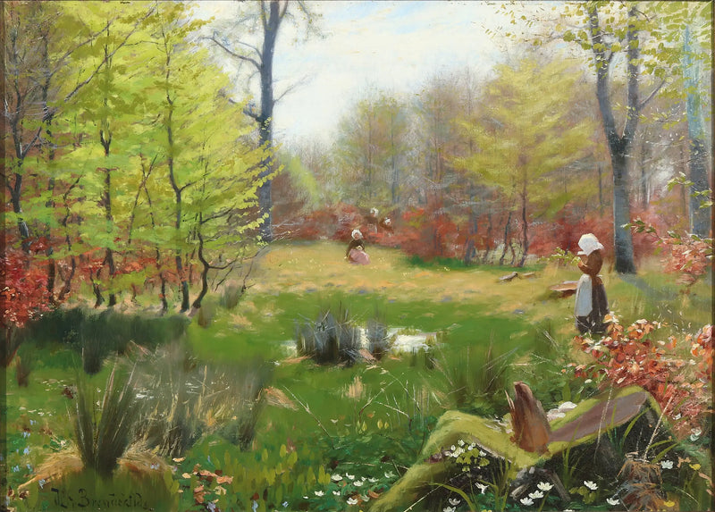 Young girls picking anemones in a spring forest - H. A. Brendekilde