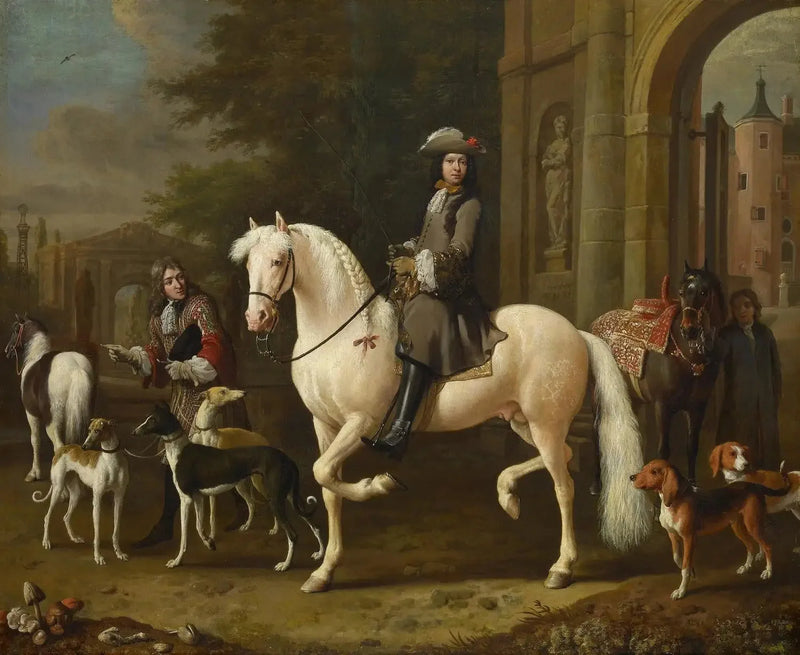 Johan Ortt (1642-1701) on horseback crossing the gate of Nijenrode Castle - Melchior de Hondecoeter