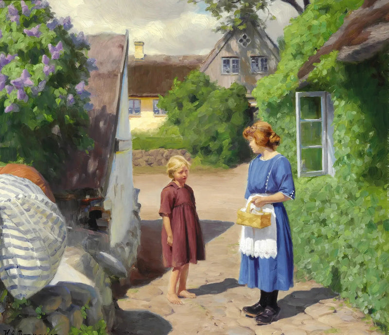 Summer Day in Jyllinge. Lilacs in bloom and little girls in the village street. - H. A. Brendekilde
