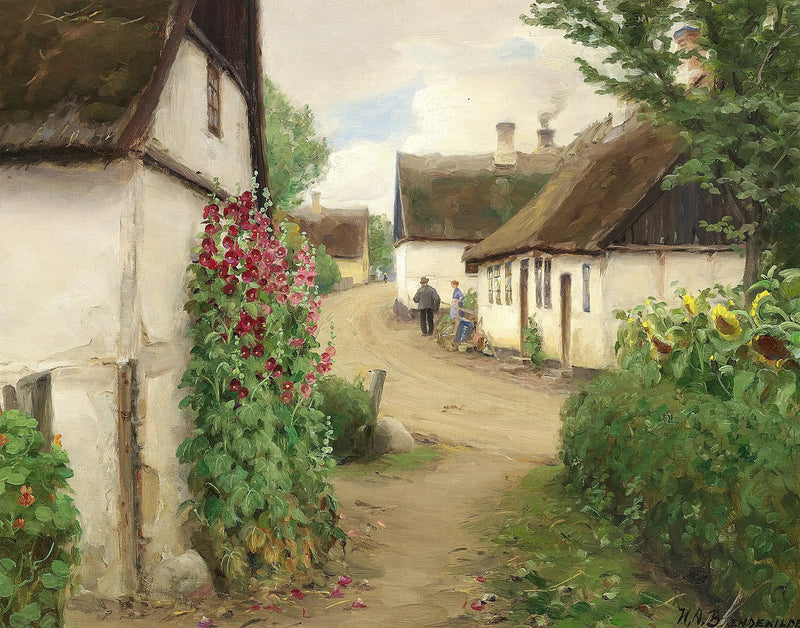 Summer Day in a Village with Sunflowers and Red Hollyhocks - H. A. Brendekilde