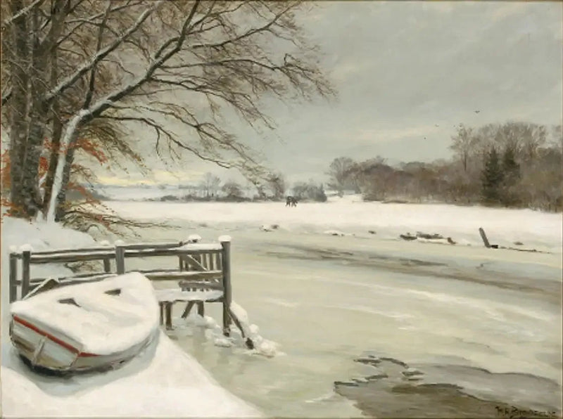 Winter Day by a Stream, with Hunters in the Background. - H. A. Brendekilde