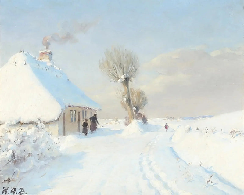 Sunny Winter Day with Mother and Child in Front of a Chalet - H. A. Brendekilde