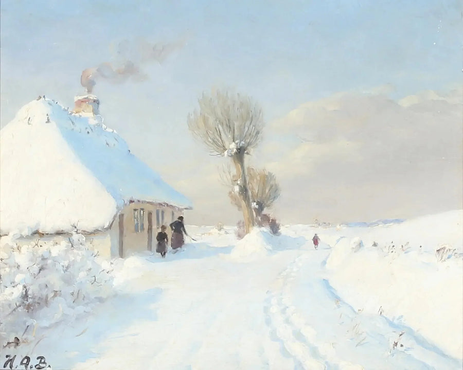 Sunny Winter Day with Mother and Child in Front of a Chalet - H. A. Brendekilde