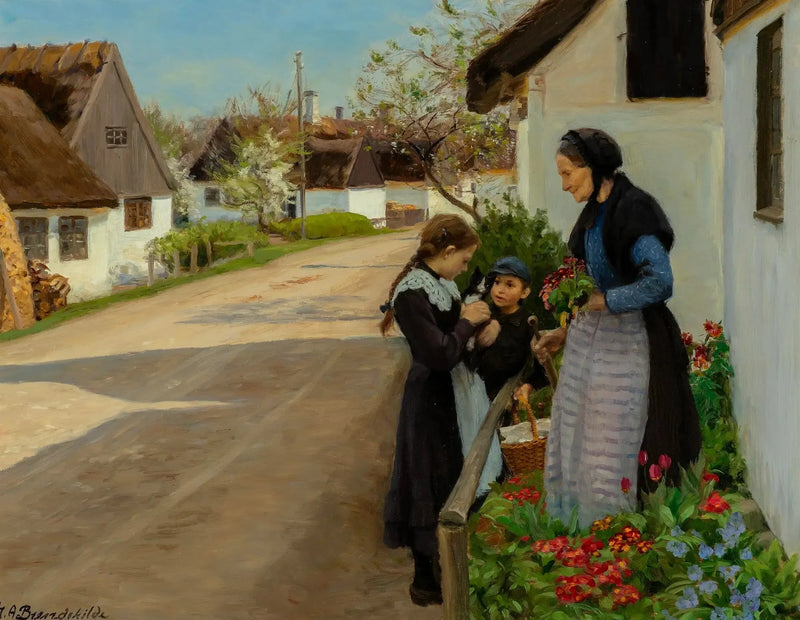 Spring Day in the Village. The kitten is a gift for grandmother. - H. A. Brendekilde