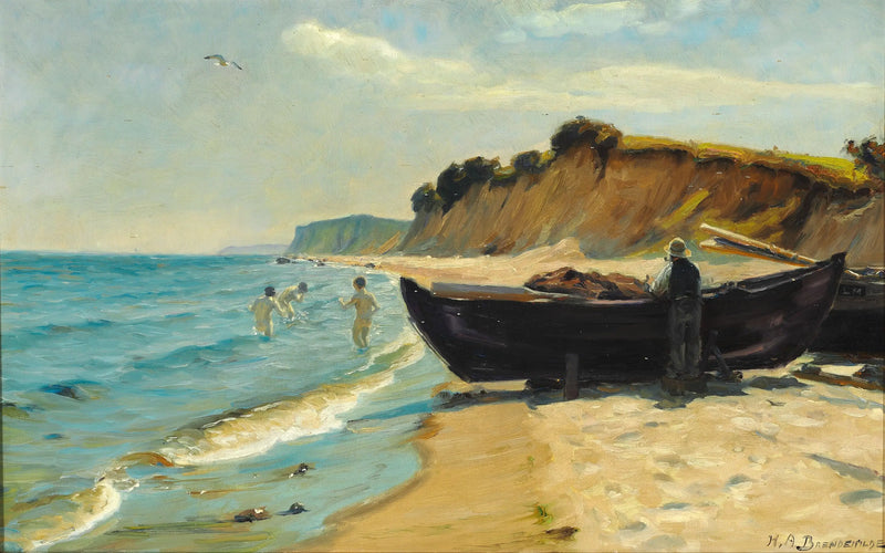 Summer Day at the Beach with Boys Swimming and a Fisherman on His Boat - H. A. Brendekilde