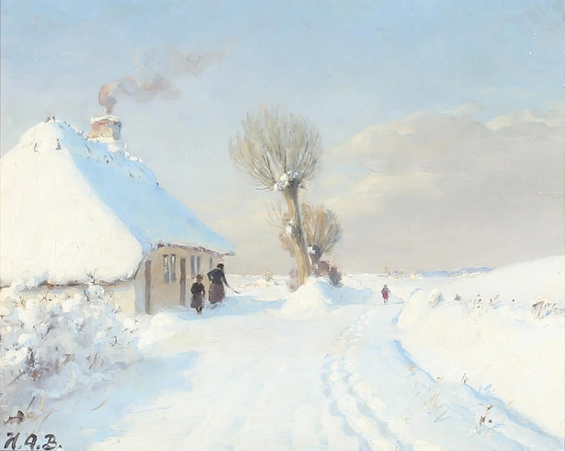 Sunny Winter Day with Mother and Child in Front of a Chalet - H. A. Brendekilde