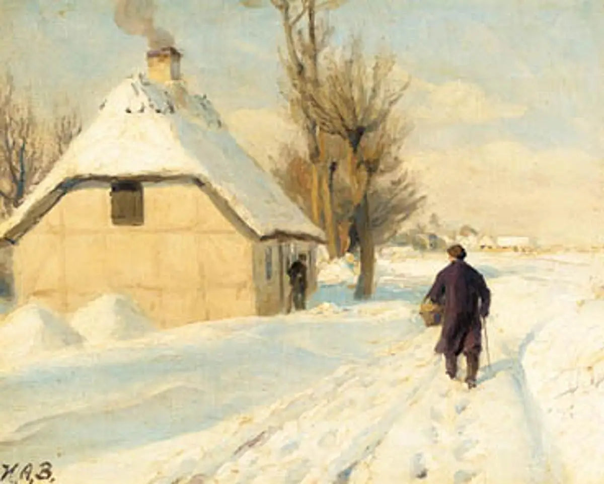 Journée d’hiver près d’une maison au toit de chaume. Un homme marche sur la route enneigée. - H. A. Brendekilde - Alpha