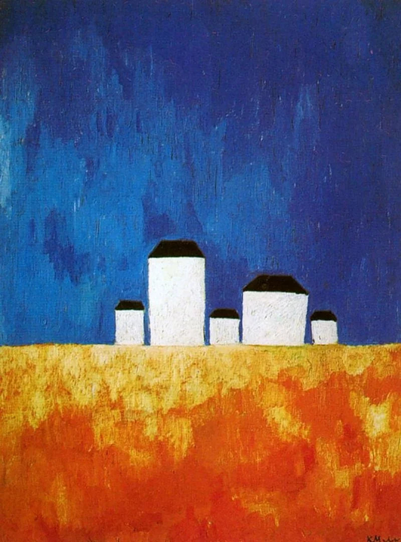 Paysage aux cinq maisons, peinture de Kazimir Malevitch
