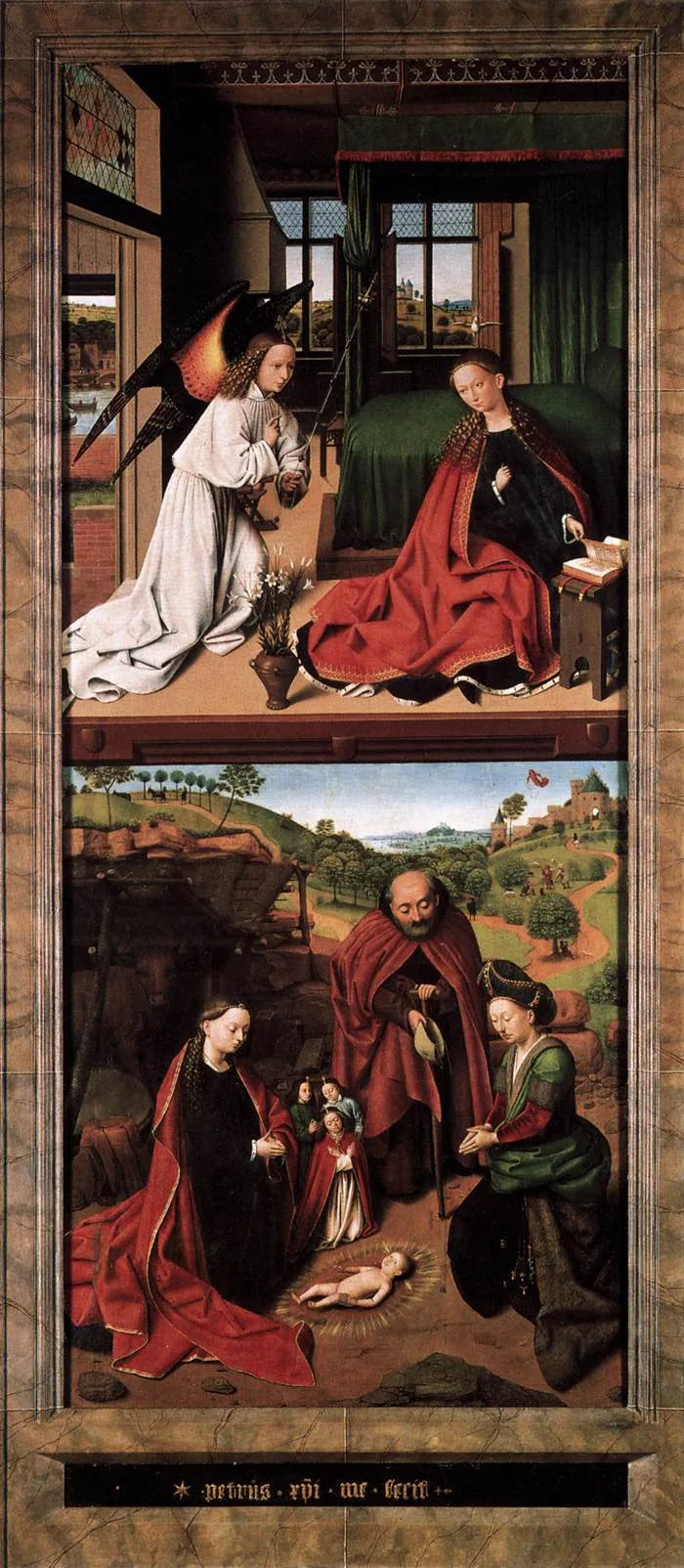 The Adoration of the Child Jesus; in the background, the Annunciation to the shepherds. - Petrus Christus