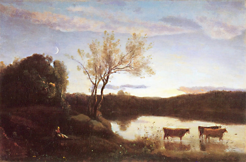 The Pond with Three Cows and the Crescent Moon - Jean-Baptiste Camille Corot