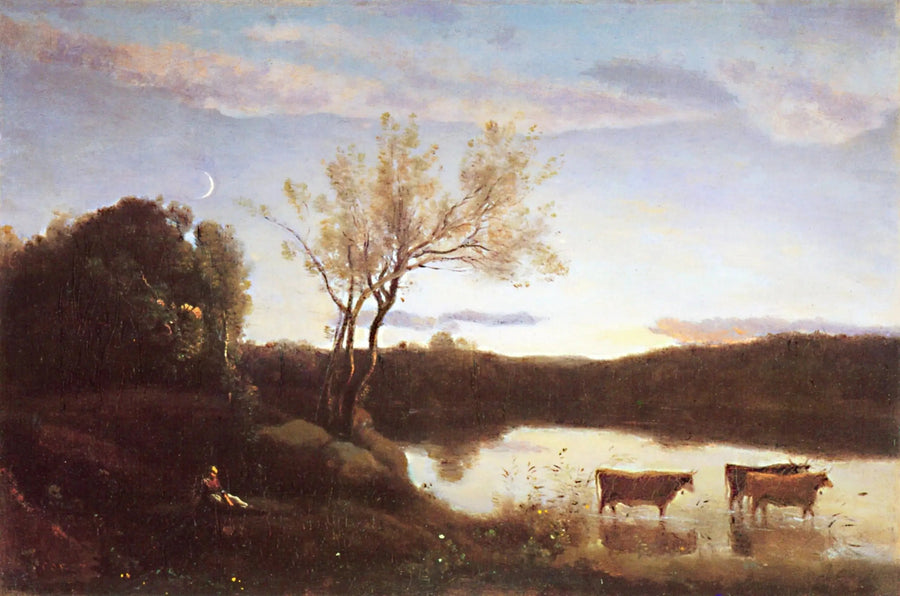 The Pond with Three Cows and the Crescent Moon - Jean-Baptiste Camille Corot